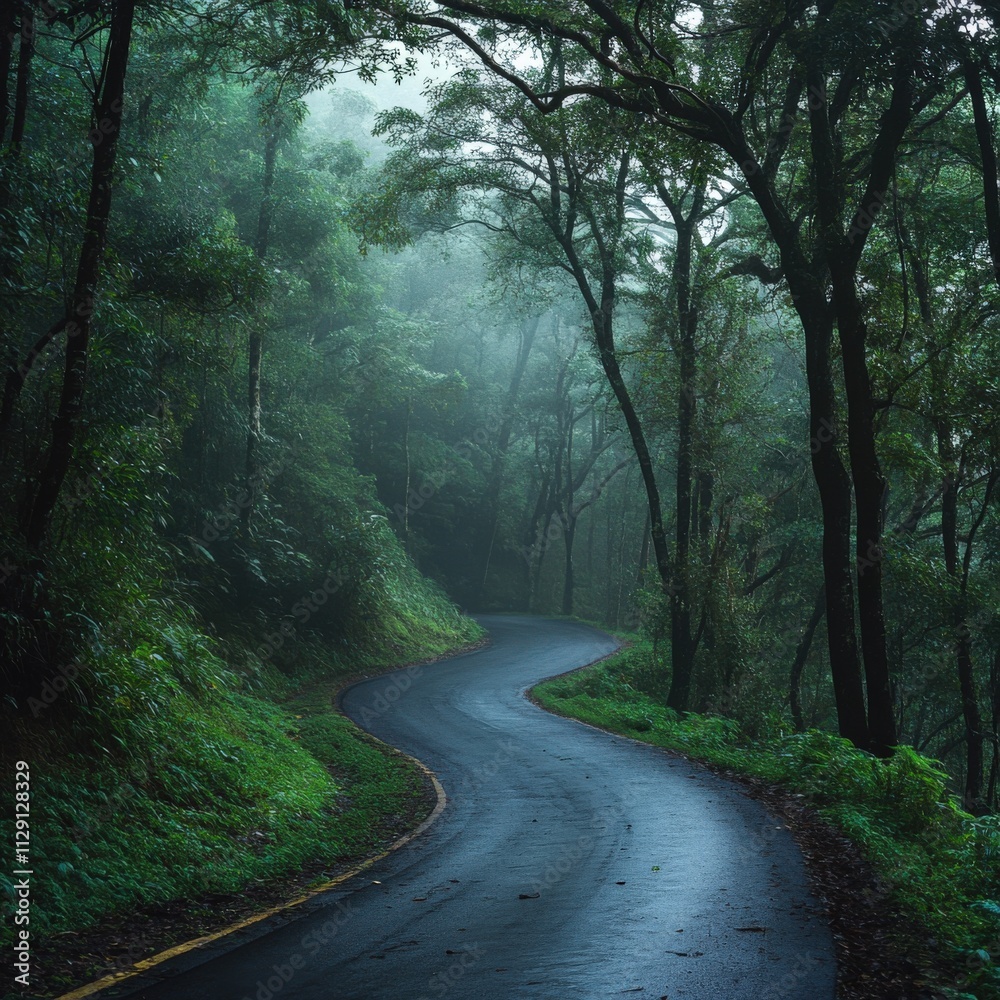 Naklejka premium serene winding road through a misty forest