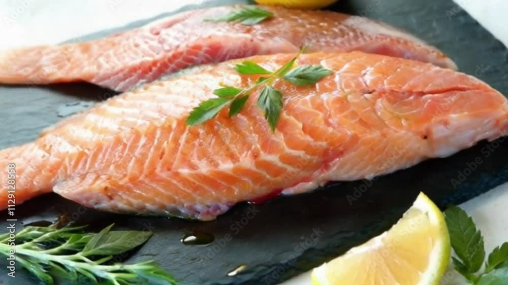 Salmon fish. Raw Trout Red Fish Steak with Herbs and Lemon and olive oil rotation, on slate. Cooking fresh salmon, sea food. Healthy eating concept. Slow motion 4K UHD video Salmon fish. Raw Trout Red Fish Steak with Herbs and Lemon and olive oil rotation, on slate. Cooking fresh salmon, sea food. Healthy eating concept. Slow motion 4K UHD video