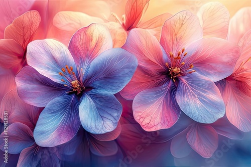 Delicate blooms in vibrant hues showcasing nature's artistry during a tranquil spring morning. Generative AI