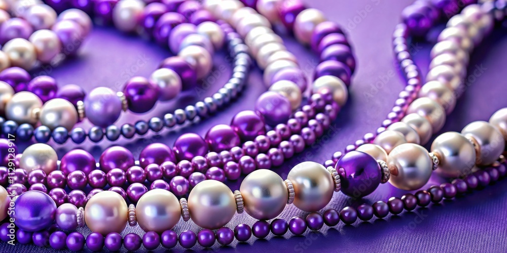 A Close-Up of Layered Beaded Necklaces with White and Purple Pearls on a Purple Background