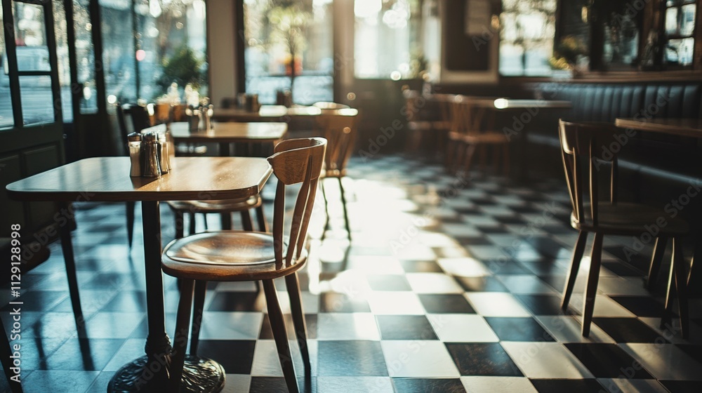 cozy cafe interior with wooden tables and checkered floor cozy cafe interior with wooden tables and checkered floor