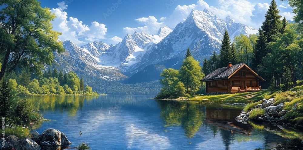 A serene lakeside scene with mountains, a cabin, and lush greenery under a clear blue sky. A serene lakeside scene with mountains, a cabin, and lush greenery under a clear blue sky.