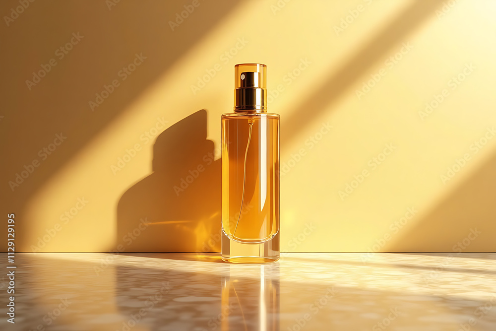 mock up bottle of perfume body mist with gold yellow liquid on sunny natural light yellow environment dramatic background, commercial product usage mock up bottle of perfume body mist with gold yellow liquid on sunny natural light yellow environment dramatic background, commercial product usage