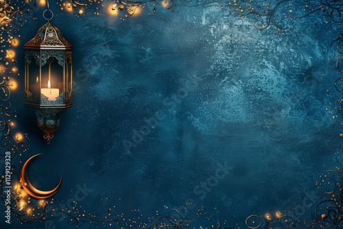 Ramadan kareem background with A blue background with a lantern on it. The lantern is lit and the background is dark