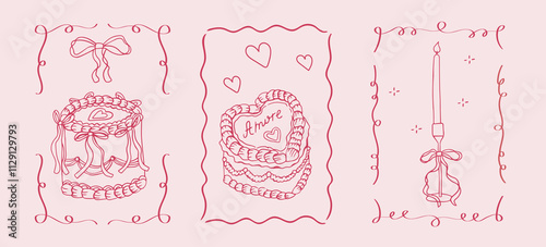 Red poster with cake with candle and cream in retro vintage style. Doodle outline frame with dessert in fancy hand drawn style. Coquette Cake Set
