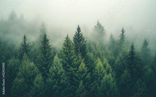 Aerial view of a dense forest with fog in the morning