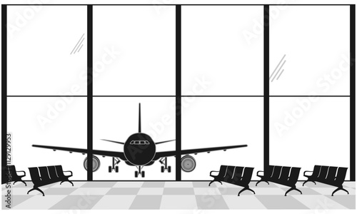 silhouette airport terminal with seating area and front view airplane behind window. vector illustration isolated on white background.