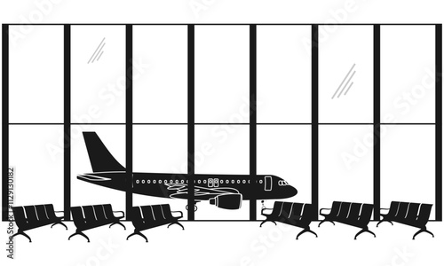 silhouette airport terminal with seating area and side view airplane behind window. vector illustration isolated on white background.
