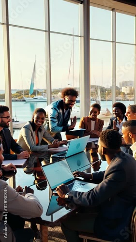 A dynamic and modern office environment with large windows overlooking a marina, featuring a diverse group of professionals collaborating around a table.