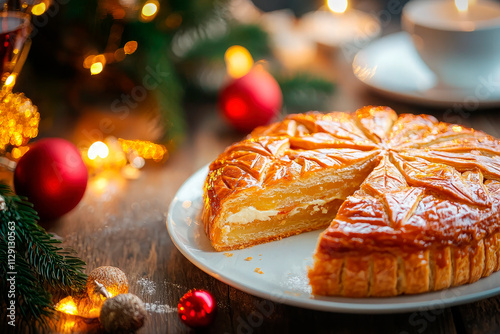 Galette des rois on wooden table. Traditional Epiphany cake in France photo