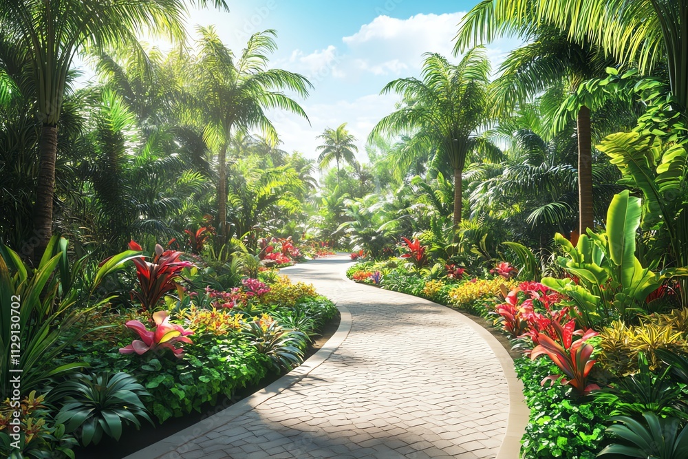 A winding pathway through a vibrant tropical garden filled with lush plants and colorful flowers. A winding pathway through a vibrant tropical garden filled with lush plants and colorful flowers.