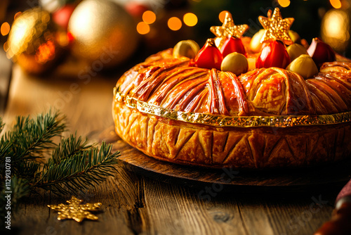 Galette des rois on wooden table. Traditional Epiphany cake in France photo