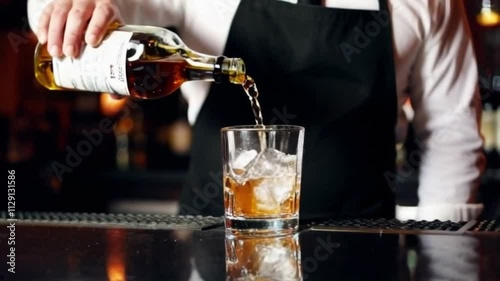Super slow motion macro of old malt bourbon whiskey is poured in cocktail with ice cubes in transparent glass is being mixed by bartender in bar or club