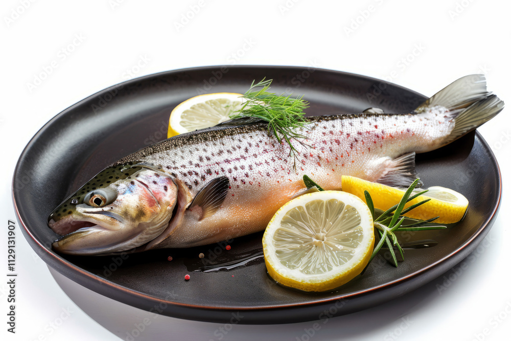 Raw fish trout with lemons and rosemary, prepared for cooking Raw fish trout with lemons and rosemary, prepared for cooking