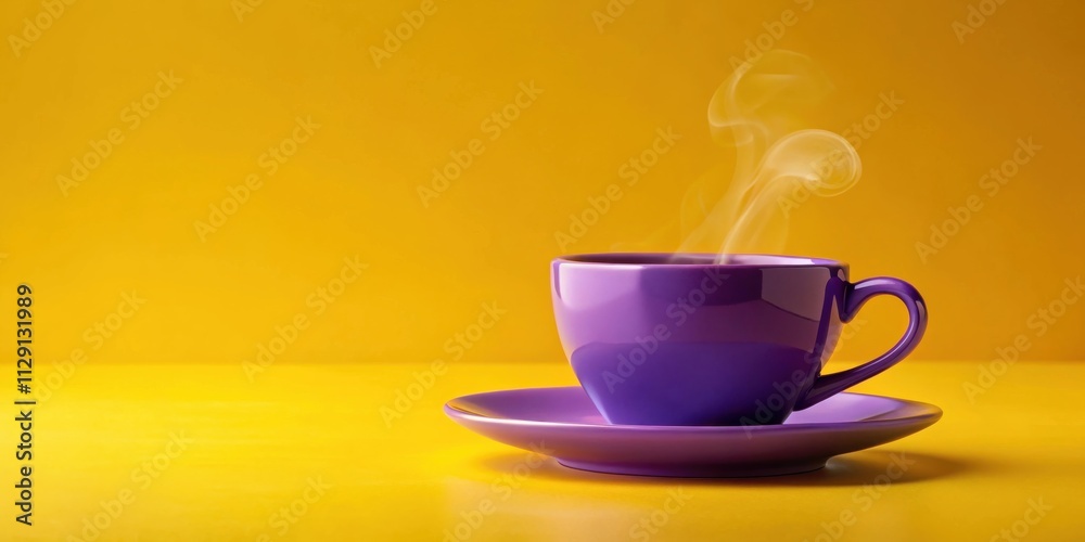 A purple ceramic teacup with a matching saucer sits on a yellow background, steaming with warmth.