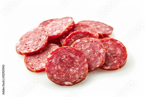 Pieces of sliced salami sausage, pile of salami sausage slices isolated on white background