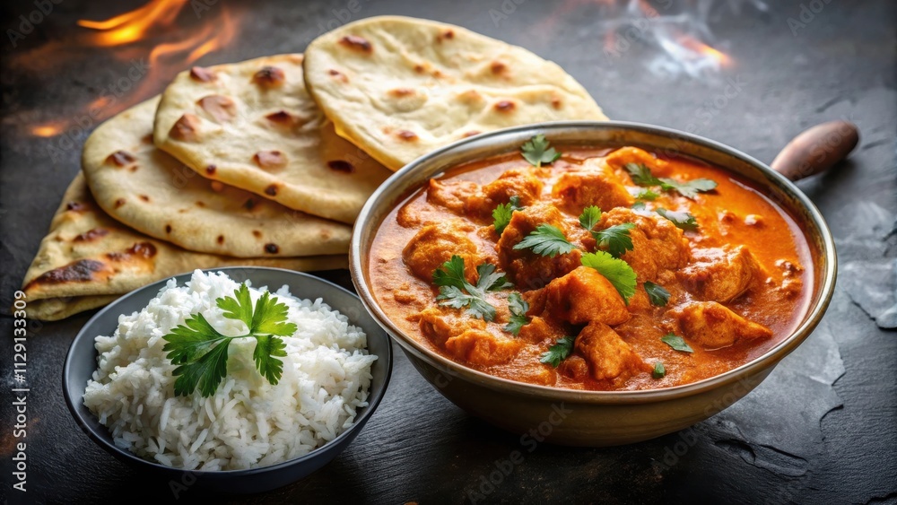 Aromatic Chicken Curry Served with Fluffy Rice and Flatbreads Aromatic Chicken Curry Served with Fluffy Rice and Flatbreads