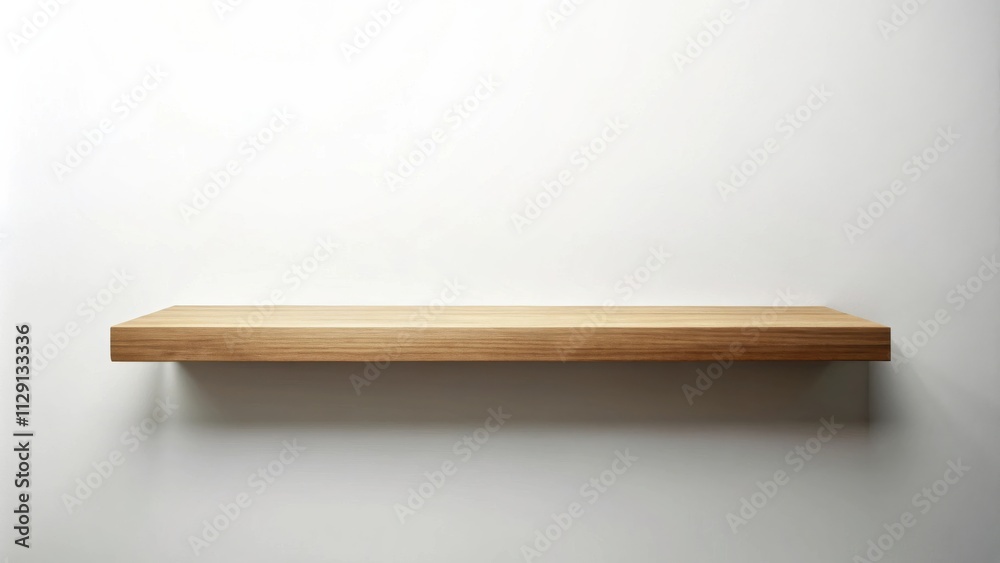A simple wooden shelf against a white wall, perfect for displaying your favorite items or showcasing products. A simple wooden shelf against a white wall, perfect for displaying your favorite items or showcasing products.