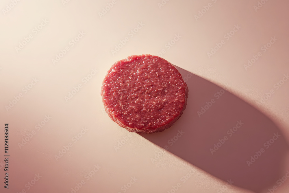 A raw beef patty on a minimalistic background, showcasing its texture and color. A raw beef patty on a minimalistic background, showcasing its texture and color.