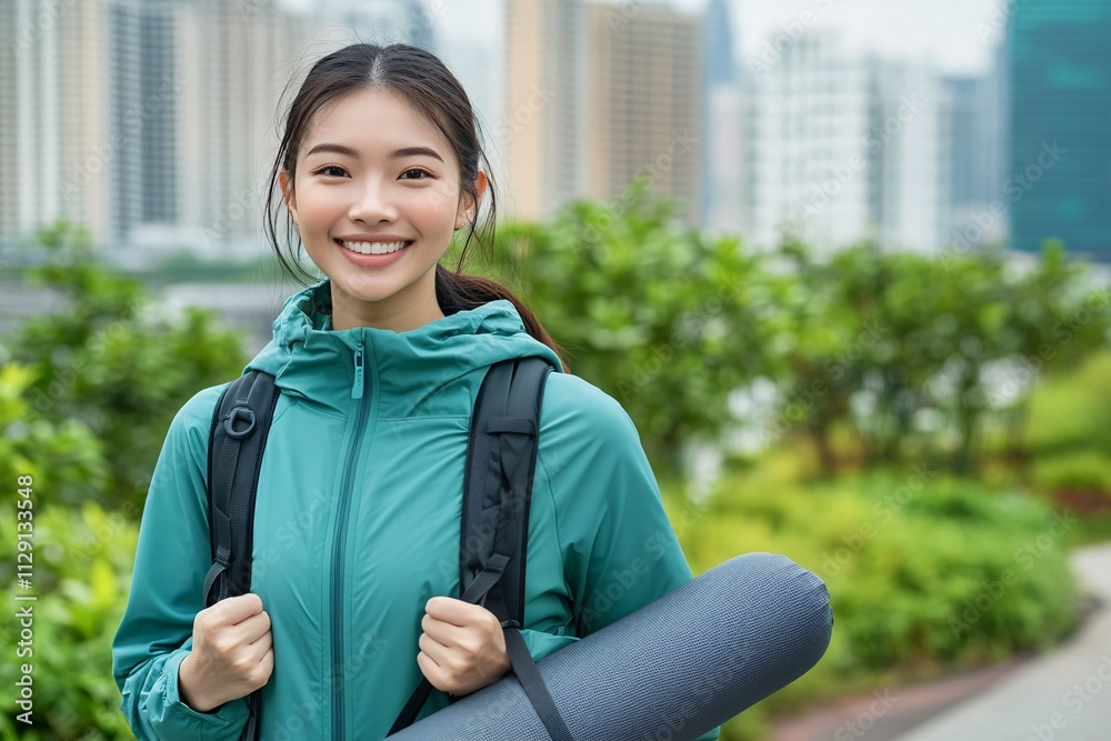 Close-up view of a happy Asian woman walking on a pedestrian path with a bright green training jacket, carrying a yoga mat bag, with plants and blurry cityscape behind her 3