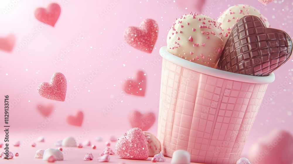 valentine 3D chocolates pink concept, A whimsical image of heart-shaped ice cream cones in a pink cup, surrounded by floating heart decorations, evoking a sweet, romantic atmosphere. valentine 3D chocolates pink concept, A whimsical image of heart-shaped ice cream cones in a pink cup, surrounded by floating heart decorations, evoking a sweet, romantic atmosphere.