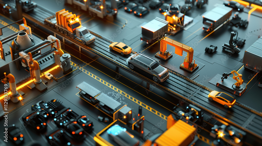 detailed miniature model of busy industrial area featuring vehicles, machinery, and infrastructure. scene is illuminated with warm orange lights, creating vibrant atmosphere detailed miniature model of busy industrial area featuring vehicles, machinery, and infrastructure. scene is illuminated with warm orange lights, creating vibrant atmosphere