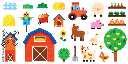 Set of countryside farm barnyard elements. Tractor, bales hay, straw scarecrow, barn. Gathered the harvest. Domestic animals cow, pig, chicken, sheep, goose, horse funny childish. Agriculture, farming