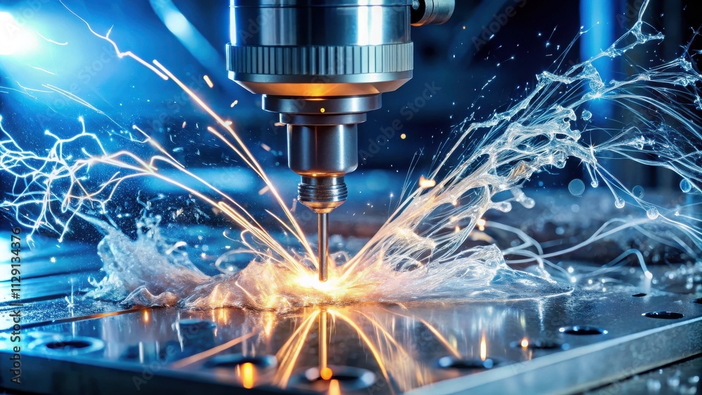 A close-up of a drill bit cutting through a piece of metal, with sparks flying off in all directions. The light from the sparks creates a dramatic effect, highlighting the power of the machine. A close-up of a drill bit cutting through a piece of metal, with sparks flying off in all directions. The light from the sparks creates a dramatic effect, highlighting the power of the machine.
