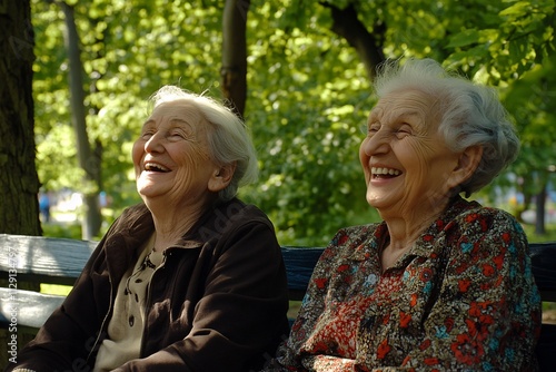 Best friends, elderly women, sitting on a park bench, laughing heartily, surrounded by lush greenery, summer sun filtering through trees, bright and joyful atmosphere 2