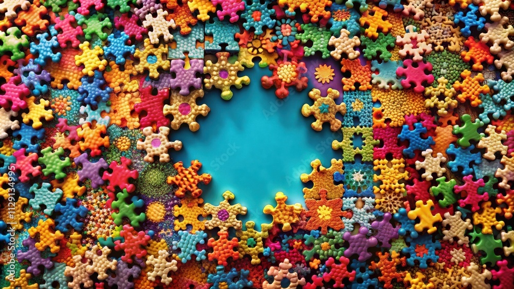 A vibrant frame of interlocking jigsaw puzzle pieces in an array of colors, forming a circular border around a central turquoise blue space. A vibrant frame of interlocking jigsaw puzzle pieces in an array of colors, forming a circular border around a central turquoise blue space.