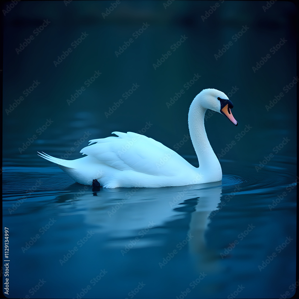 A white swan gracefully glides across a tranquil body of water, its reflection mirrored in the placid surface. A white swan gracefully glides across a tranquil body of water, its reflection mirrored in the placid surface.