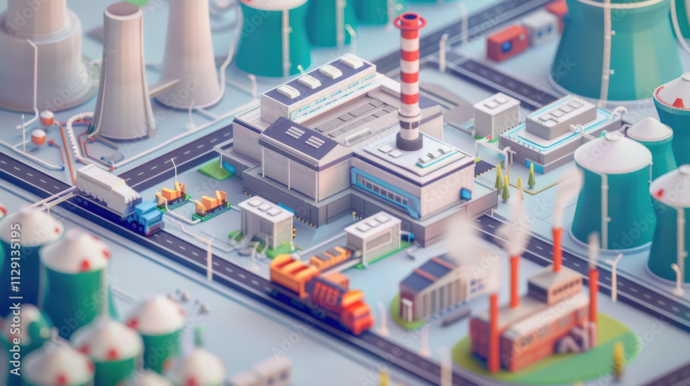 colorful 3D illustration of industrial area featuring power plant, smokestacks, and various vehicles. scene captures vibrant, detailed landscape of energy production colorful 3D illustration of industrial area featuring power plant, smokestacks, and various vehicles. scene captures vibrant, detailed landscape of energy production