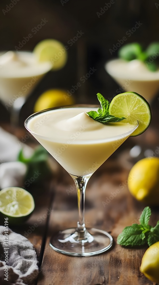A photo of an almond milk lemon cocktail in a martini glass, garnished with a lemon slice, on a bar counter A photo of an almond milk lemon cocktail in a martini glass, garnished with a lemon slice, on a bar counter