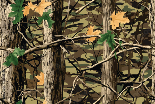 Camouflage seamless pattern. Forest real tree camouflage design. Hunting camouflage. photo