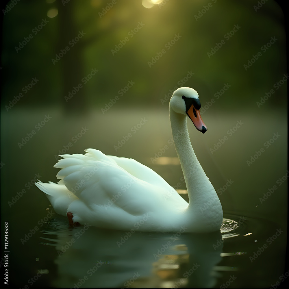 Fototapeta premium A serene image featuring a single swan gracefully floating on calm water, its reflection visible in the surface.