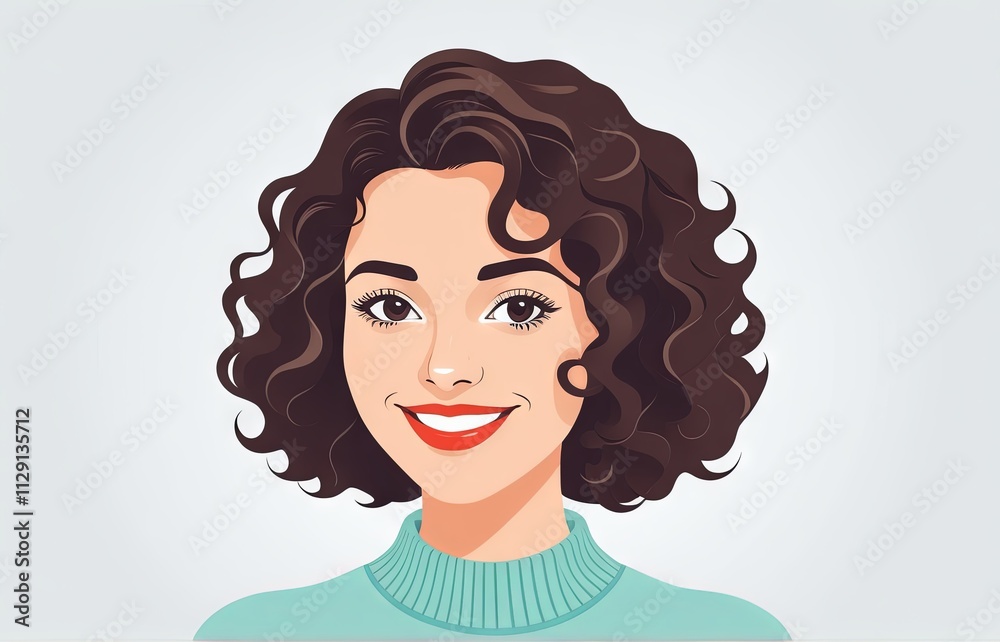 Creative illustration of a smiling woman with curly hair wearing a sweater, showcasing a friendly and approachable character Creative illustration of a smiling woman with curly hair wearing a sweater, showcasing a friendly and approachable character