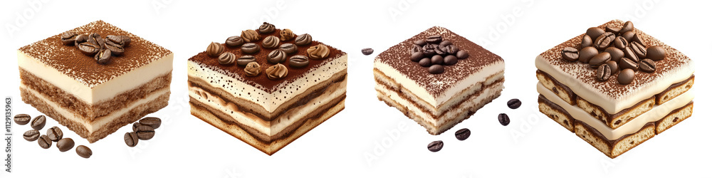 Tiramisu with layers of coffee soaked isolated on transparent background, Set of Tiramisu with layers of coffee soaked isolated on transparent background, Set of