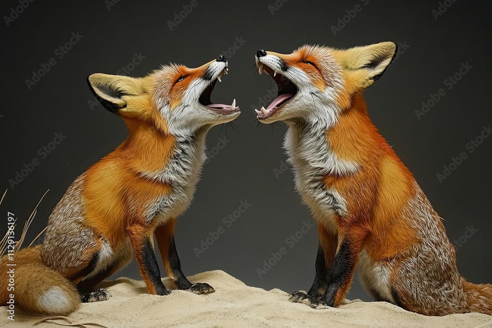 Fototapeta premium Two Red Foxes Yawning Face To Face In Sand