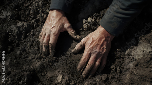 Human hands touching the soil photo