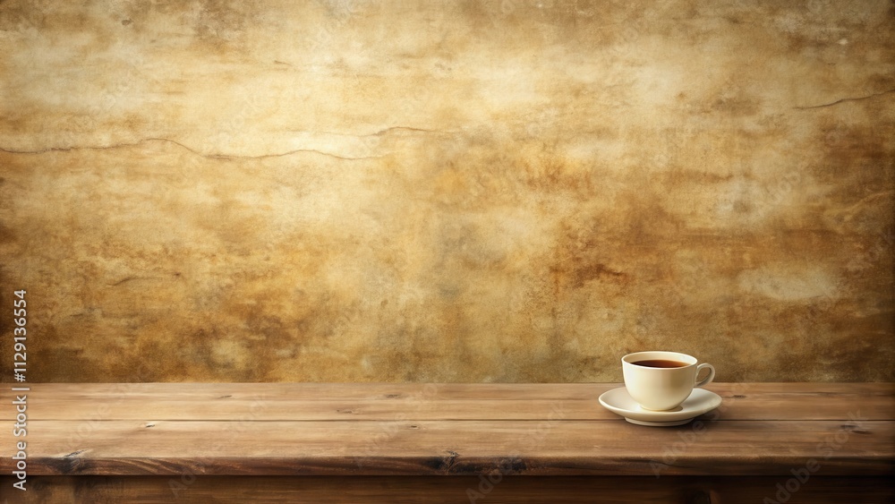 A Rustic Wooden Table with a Single Cup of Coffee and an Aged Wall Background A Rustic Wooden Table with a Single Cup of Coffee and an Aged Wall Background