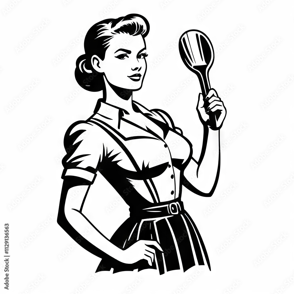 Stylized retro woman cooking with wooden spoon in hand, representing traditional homemaking values and domestic skills Stylized retro woman cooking with wooden spoon in hand, representing traditional homemaking values and domestic skills