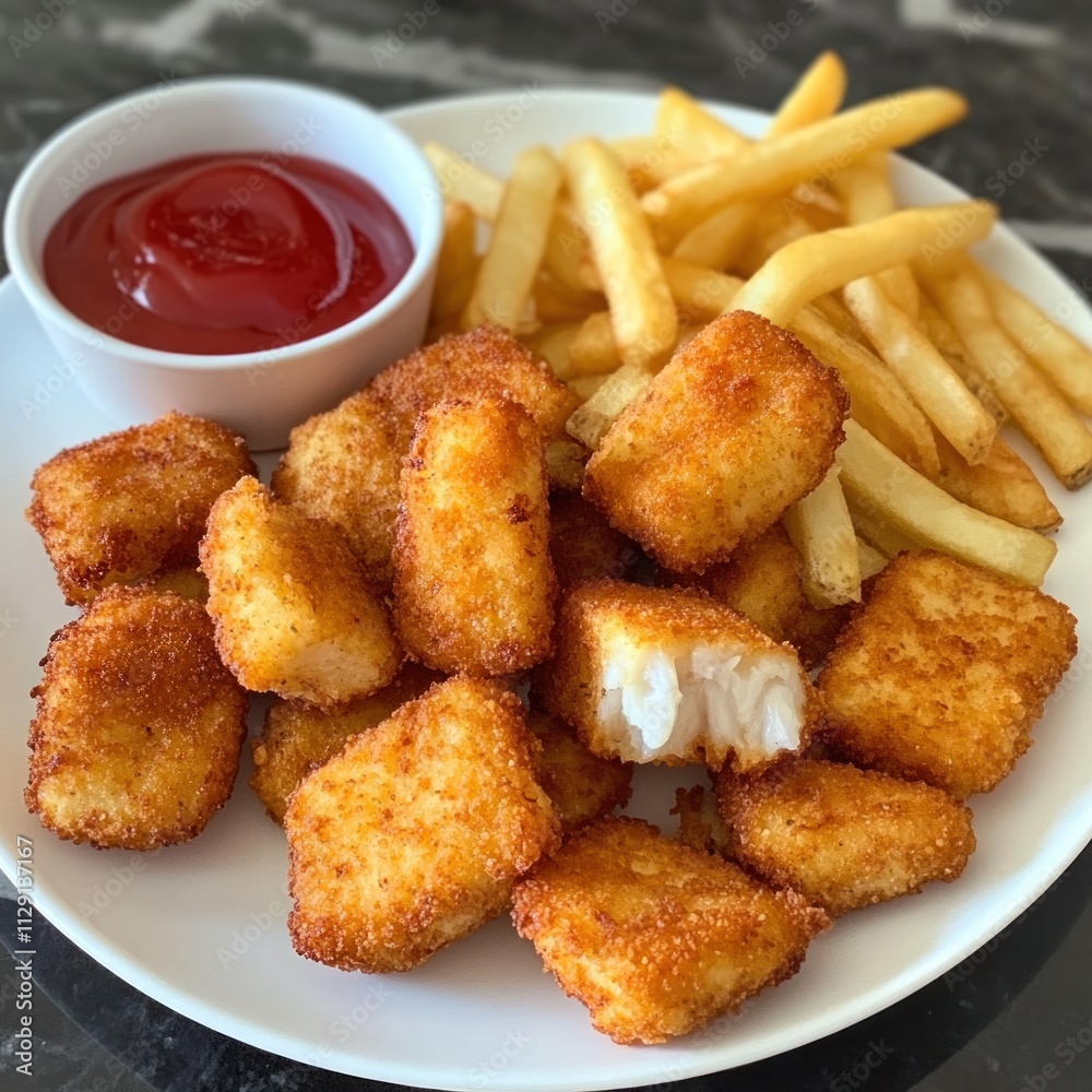 Crispy Fish Nuggets with French Fries and Ketchup Crispy Fish Nuggets with French Fries and Ketchup