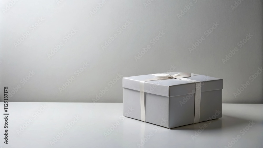 A simple white gift box tied with a white satin ribbon sits on a white tabletop against a plain white backdrop A simple white gift box tied with a white satin ribbon sits on a white tabletop against a plain white backdrop