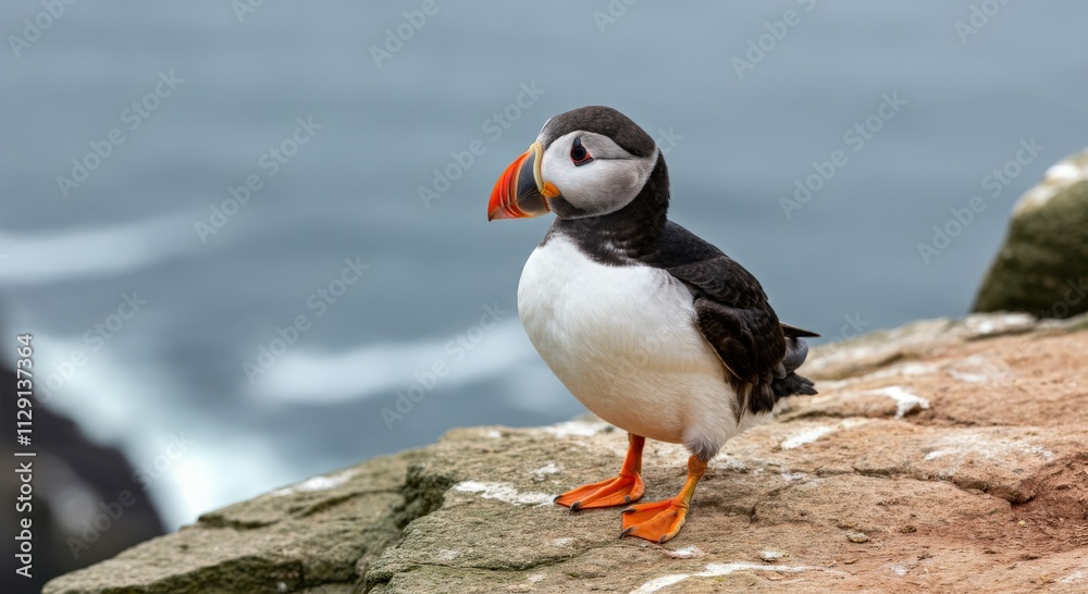 Atlantic puffin standing on rocky cliff overlooking ocean with waves Atlantic puffin standing on rocky cliff overlooking ocean with waves