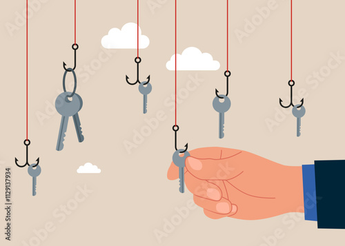 Hand takes to take  key to opening lock with success strength and power. Unlock business accessibility. Solve business problem, professional to give solutions. Modern flat style vector illustration