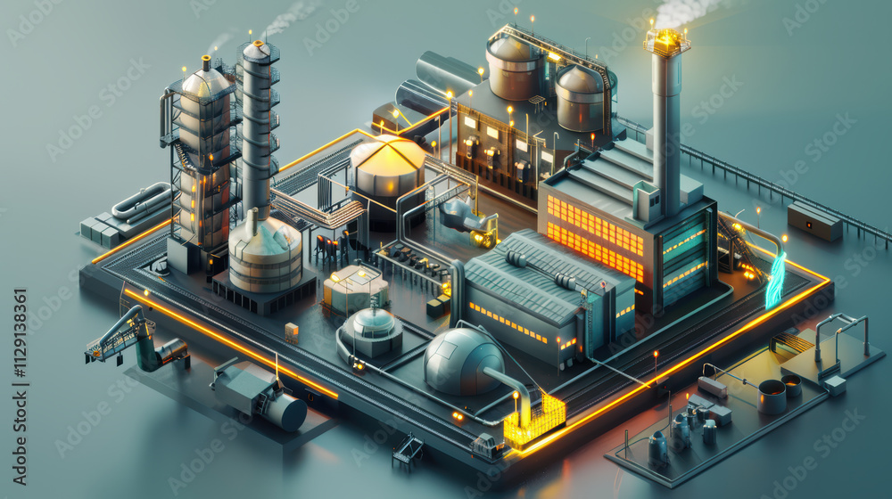detailed industrial complex featuring various structures, including storage tanks, smokestacks, and pipelines, illuminated with neon accents, showcasing modern manufacturing detailed industrial complex featuring various structures, including storage tanks, smokestacks, and pipelines, illuminated with neon accents, showcasing modern manufacturing
