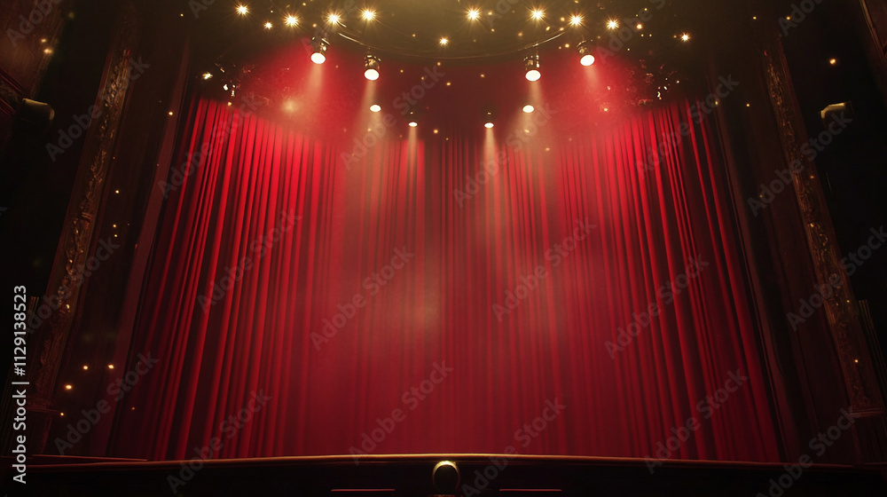 Red curtain hangs in front of a stage, with a spotlight shining on it ...