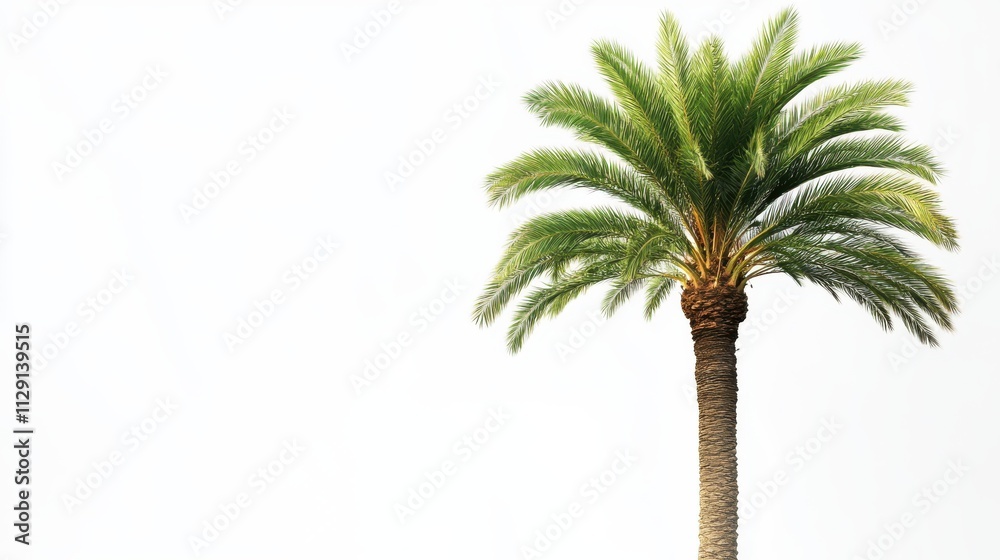 Fototapeta premium A tall palm tree against a bright white background brings a sense of calm and peace. Its green leaves stretch out towards the sky, inviting serenity into your surroundings.