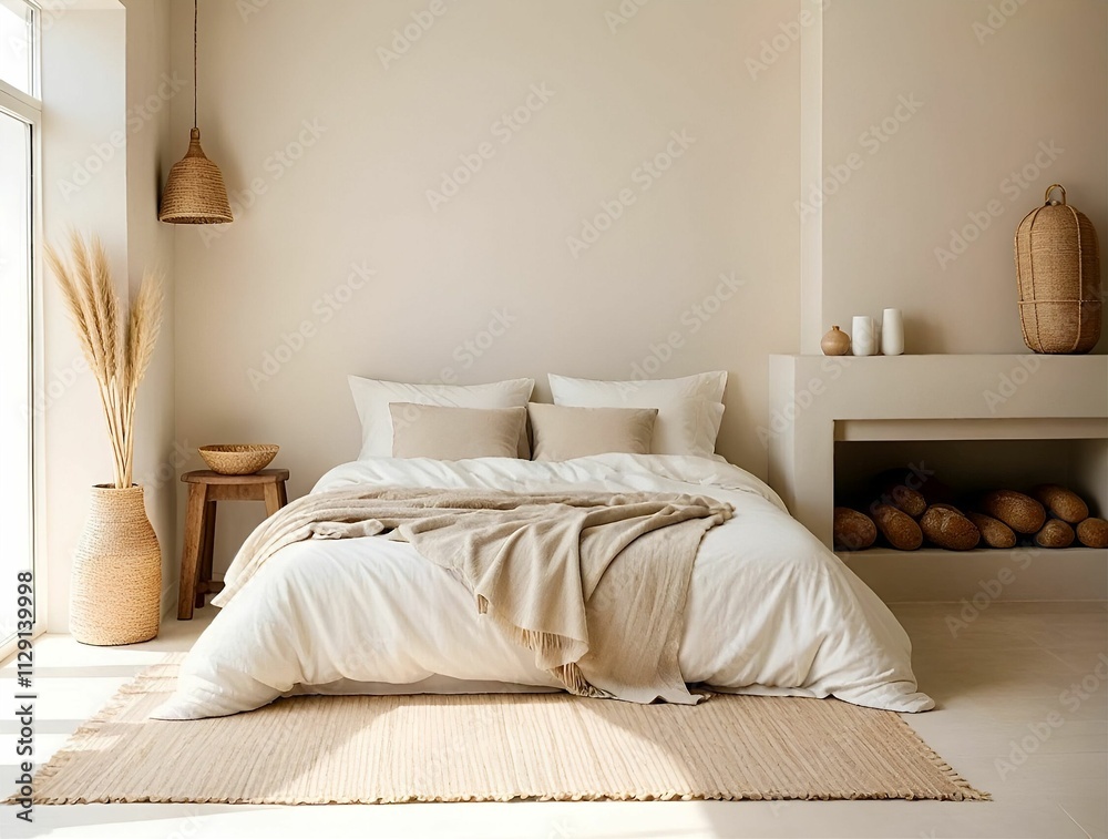 Naklejka premium Boho interior design of modern bedroom. Bed against stucco wall with copy space.