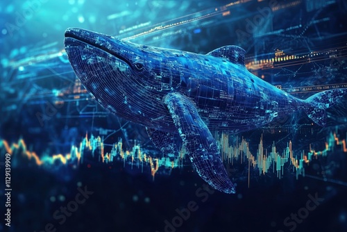 Blue Whale breaching over a cryptovalue chart rising up euphoria of bitcoin photo